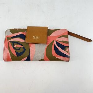 Fossil Snap Clutch Wallet Floral Multicolor Credit Card Slots Zip Coin Leather